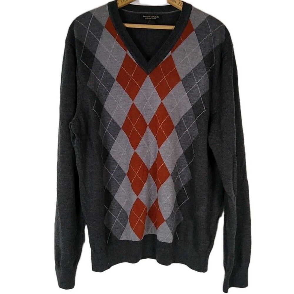BANANA REPUBLIC Extra Fine Merino Wool Mens Argyle Sweater V  Pullover Tall XL